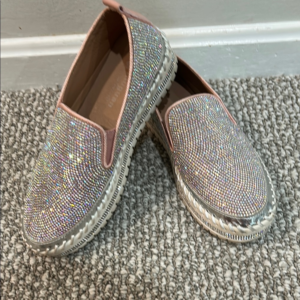 Silver and Pink Glitter Espadrilles with Rope Trim